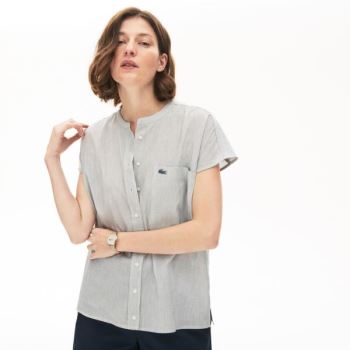 Lacoste Striped Linen And Cotton Blend Shirt - Šortky Dámské Bílé / Tmavě Blankyt Blankyt | CZ-R2LTz